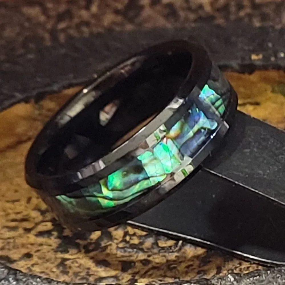 Men's Real Black Tungsten Wedding Ring With Abalone Shell Inlay